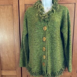 GLENMONT DESIGN Chic Olive Green Women's Cardigan with Fringe Large